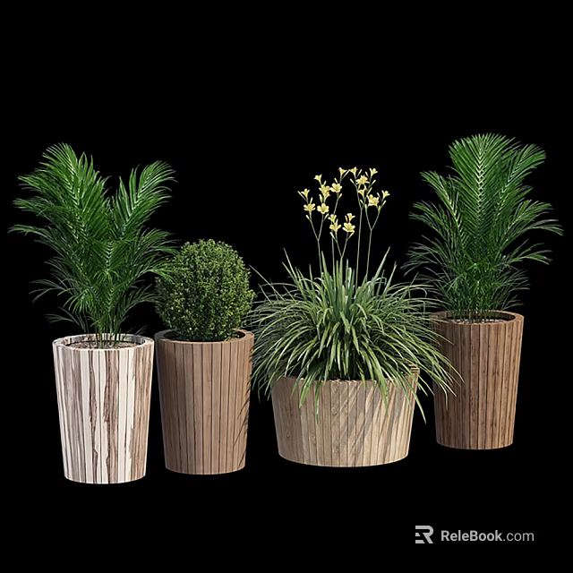 Stylish Bonsai Potted Plants in Wooden Pots with Yellow Flowers and Green Foliage 3d model 