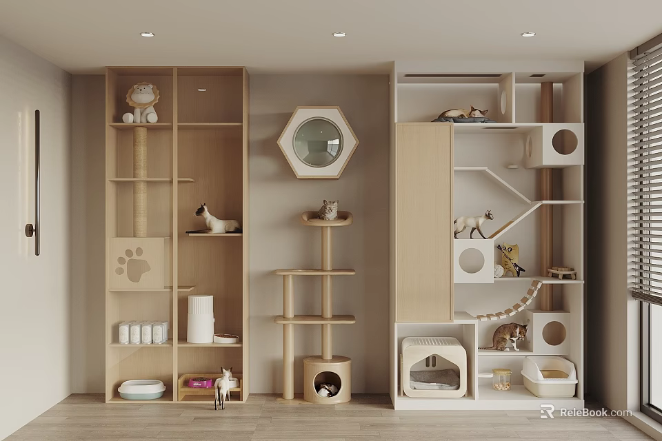 Cat Room Interior Design With Paw Print Shelves Cat Tree And Cozy Beds 3d model 