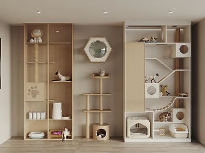 Cat Room Interior Design With Paw Print Shelves Cat Tree And Cozy Beds 3d model