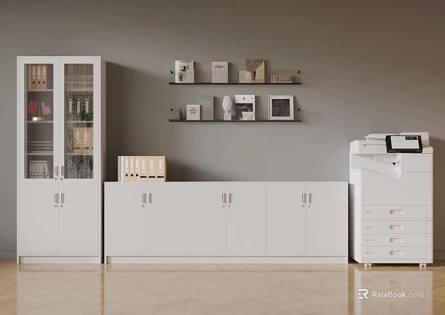 White Filing Cabinet With Glass Door Cabinet Folders Shelves Boxes And Printer 3d model 