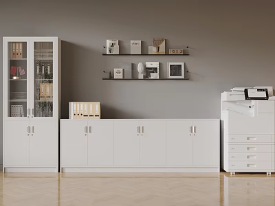 White Filing Cabinet With Glass Door Cabinet Folders Shelves Boxes And Printer 3d model