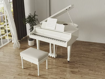 White Grand Piano With Music Sheet And Stool On Wooden Floor By Window And Plant 3d model