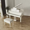 White Grand Piano With Music Sheet And Stool On Wooden Floor By Window And Plant