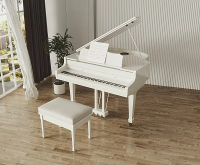 White Grand Piano With Music Sheet And Stool On Wooden Floor By Window And Plant 3d model
