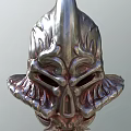 Metallic Mythical Warrior Helmet With Intricate Flame Decorations And Skull Like Face