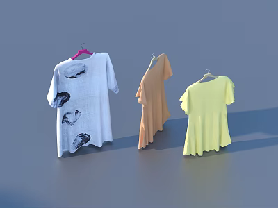 Three Colorful T Shirts With Black Patterns Hanging On Pink And White Hangers 3d model