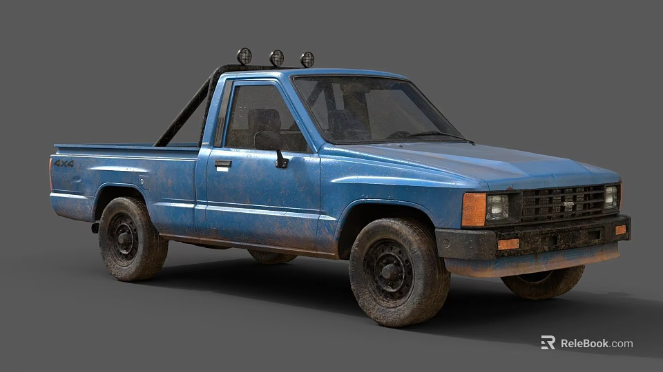 Rusty Blue Vintage Pickup Truck With Roof Lights And Off Road Tires 3d model 