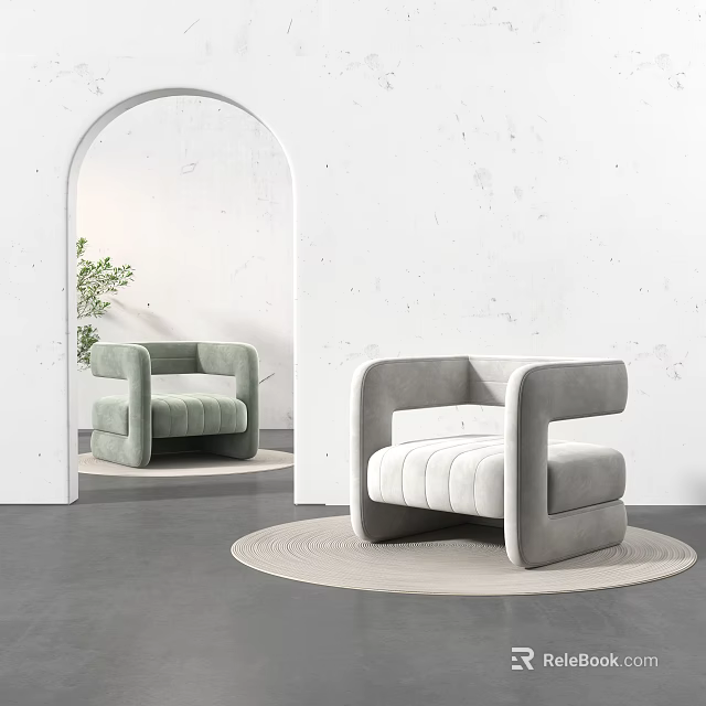 Modern Single Sofa Featuring Curved Arms In Minimalist Interior With Arched Doorway And Round Rug 3d model 