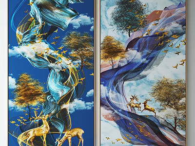 Decorative Wall Art With Golden Deer Trees Flowing Lines Clouds And Flying Birds 3d model