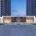 Grand Gate Plaza Entrance With High Rise Buildings Evening Sky Trees Lawn And Lighting