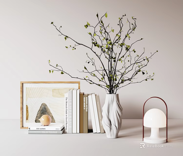 Modern Decorative Ornament Set with White Vase Branches Books Picture Frame Apple and Table Lamp 3d model 