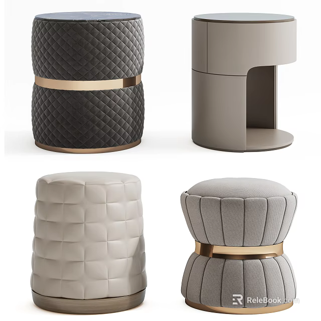 Modern Ottoman Collection with Quilted Patterns Gold Accents and Textured Upholstery 3d model 