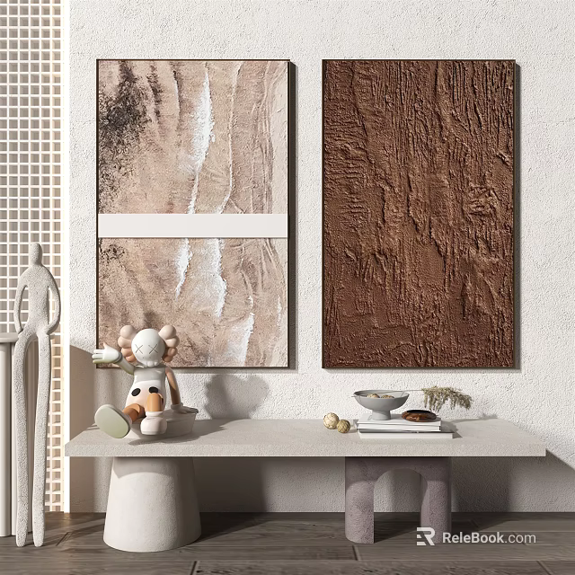 Interior Decor Featuring Textured Paintings White Console Table Figurine Bowl And Seashells 3d model