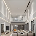 Modern Duplex Living Room Interior With Double Height Ceiling Glass Railing And Sofa