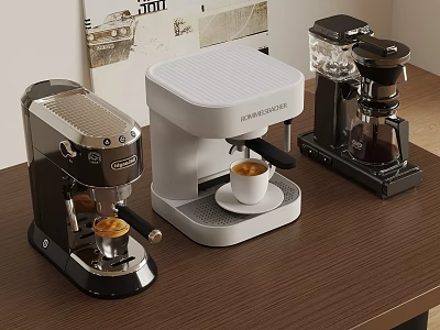 Cafe Interior With Various Coffee Machines And Coffee Cups On Wooden Table 3d model
