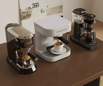 Cafe Interior With Various Coffee Machines And Coffee Cups On Wooden Table 3d model