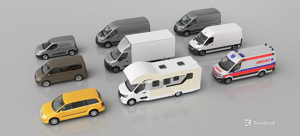 Various Types of Miniature Cars Including Vans RV Ambulance and Yellow Vehicle Models 3d model 