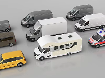 Various Types of Miniature Cars Including Vans RV Ambulance and Yellow Vehicle Models 3d model