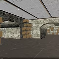 Warehouse Storage With Shelves Cardboard Boxes Arched Doorways Stone Walls And Metal Roof