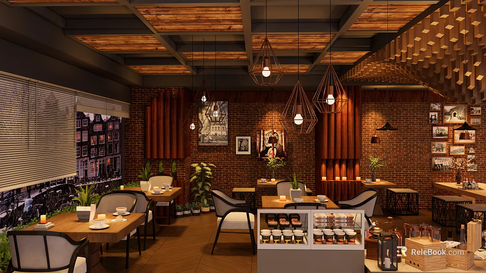 Cozy Café Interior with Wooden Ceiling Pendant Lights Brick Wall and Pastry 3d model 