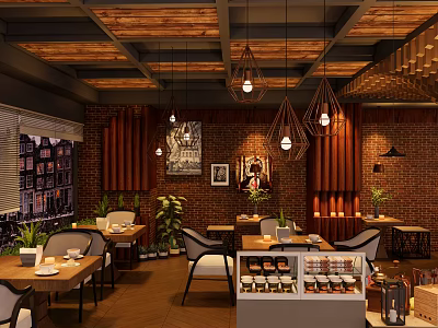 Cozy Café Interior with Wooden Ceiling Pendant Lights Brick Wall and Pastry 3d model