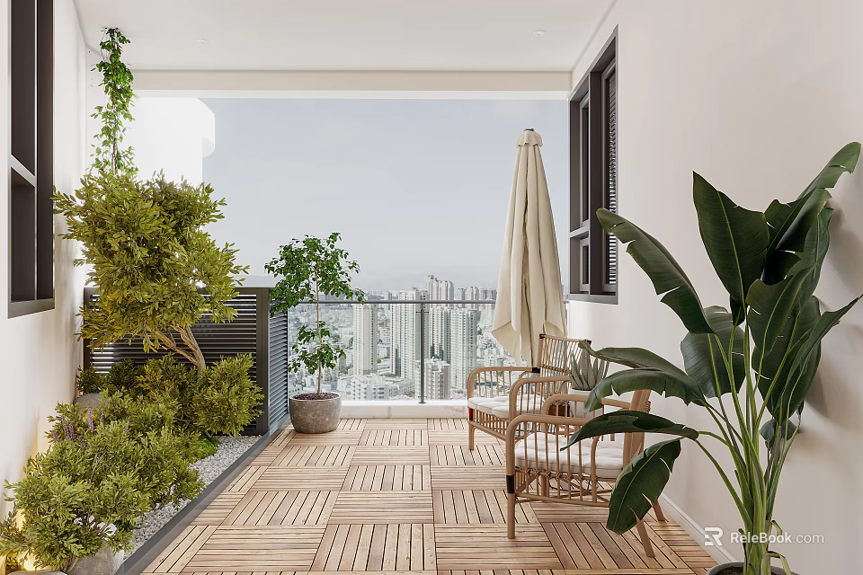 Home Balcony Design With Wooden Flooring Green Plants Rattan Chairs And City View 3d model 