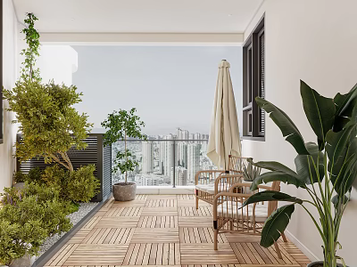 Home Balcony Design With Wooden Flooring Green Plants Rattan Chairs And City View 3d model
