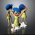 Blue Haired Cartoon Characters In Yellow Floral Dresses Dancing With Purple Headphones On White Structure