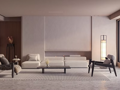 Modern Living Room Interior With White Sofa Wooden Wall Panel And Striped Rug 3d model