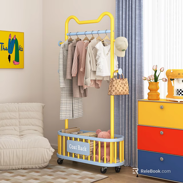 Yellow And Blue Clothes Rack With Hanging Clothes Hat Handbag And Coin Back Basket 3d model 