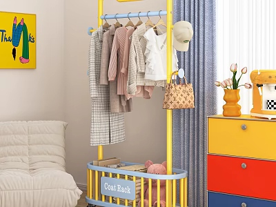 Yellow And Blue Clothes Rack With Hanging Clothes Hat Handbag And Coin Back Basket 3d model