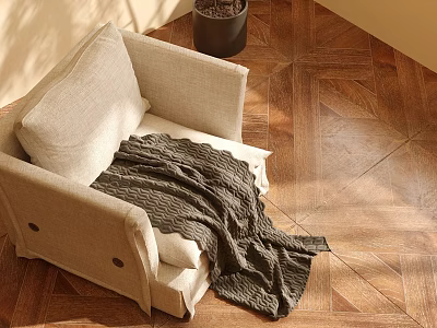 Cozy Beige Single Sofa With Light Cushion Dark Gray Knitted Blanket On Wooden Parquet Floor 3d model