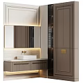 Modern Minimalist Bathroom Washbasin With Backlit Mirror Wooden Cabinet Marble Countertop And Ambient Lighting