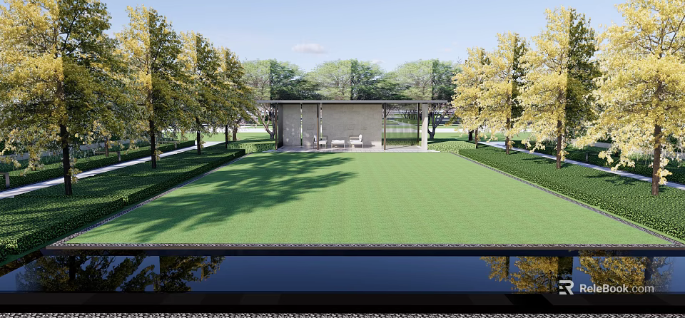 Serene Garden Landscape With Green Lawn Water Pool Reflection Trees Hedges And Rest Area 3d model 