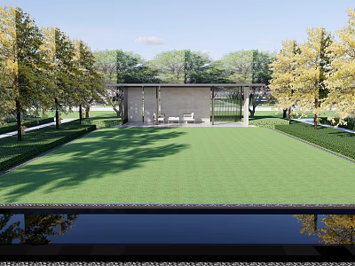 Serene Garden Landscape With Green Lawn Water Pool Reflection Trees Hedges And Rest Area 3d model