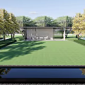 Serene Garden Landscape With Green Lawn Water Pool Reflection Trees Hedges And Rest Area