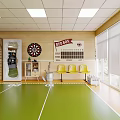 Casual Recreation Room Interior With Green Floor Dartboard Scoreboard Lockers And Yellow Chairs