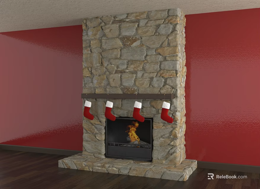 Stone Fireplace With Red Walls Christmas Stockings Fire And Wooden Floor 3d model 