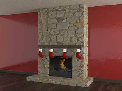 Stone Fireplace With Red Walls Christmas Stockings Fire And Wooden Floor 3d model
