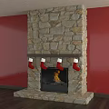 Stone Fireplace With Red Walls Christmas Stockings Fire And Wooden Floor
