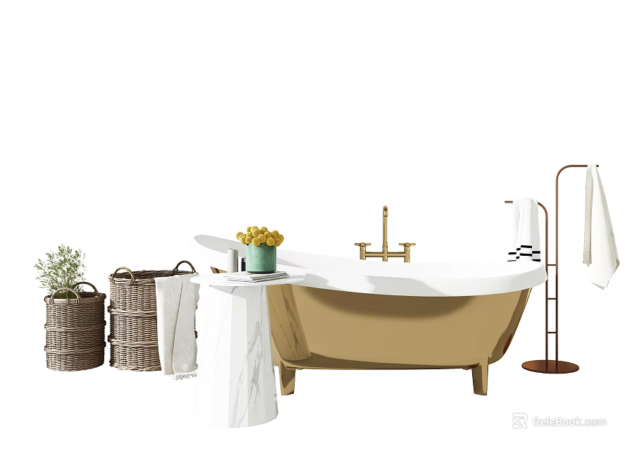 Luxurious Freestanding Gold Bathtub With Brass Faucet Woven Baskets Yellow Flowers And Marble Stand 3d model 