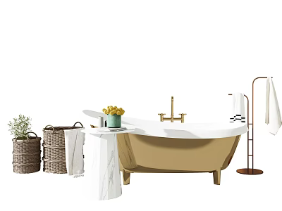 Luxurious Freestanding Gold Bathtub With Brass Faucet Woven Baskets Yellow Flowers And Marble Stand 3d model