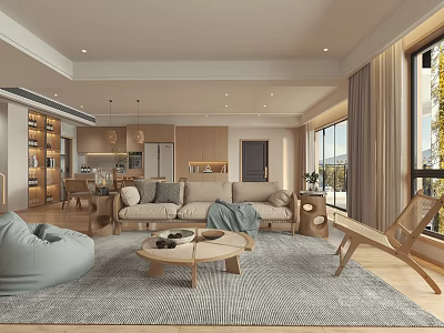 Modern Living Dining Room Interior With Cozy Sofa Wooden Coffee Table And Large Windows 3d model