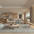 Modern Living Dining Room Interior With Cozy Sofa Wooden Coffee Table And Large Windows