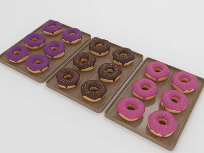 Colorful Donuts Arranged on Wooden Trays with Purple Brown and Pink Glazes 3d model