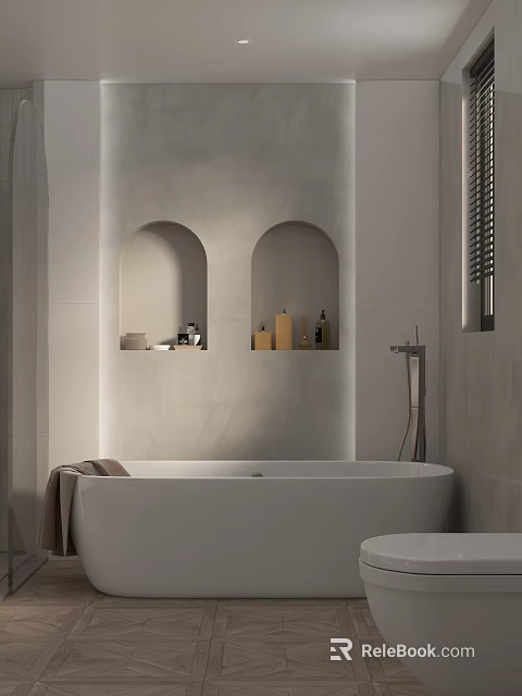 Modern Bathroom With Arch Niche Gray Walls Bathtub And Towel 3d model 