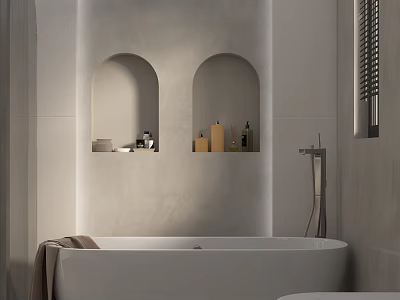 Modern Bathroom With Arch Niche Gray Walls Bathtub And Towel 3d model