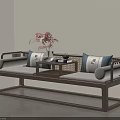 Traditional Luohan Bed with Dark Wood Frame Light Cushions Small Coffee Table and Decorative Vase