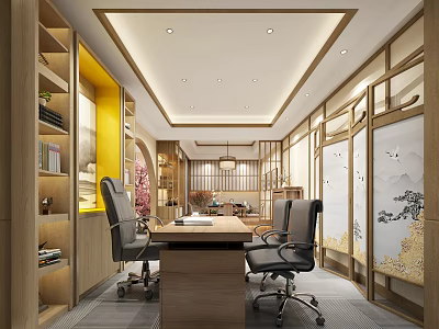 Modern Office Interior Design With Wooden Desk Ergonomic Chairs Bookshelves And Decorative Paintings 3d model