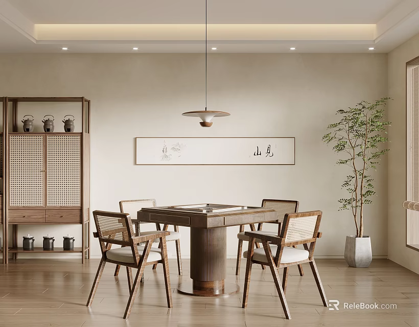 Hotel Mahjong Room Chinese Style with Wooden Table Chairs Pendant Light Calligraphy Painting Green Plant 3d model 